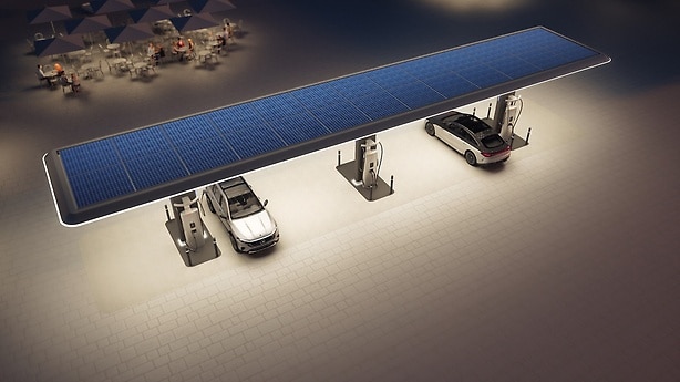 Geplante Mercedes-Benz Ladestation mit Photovoltaikanlage.