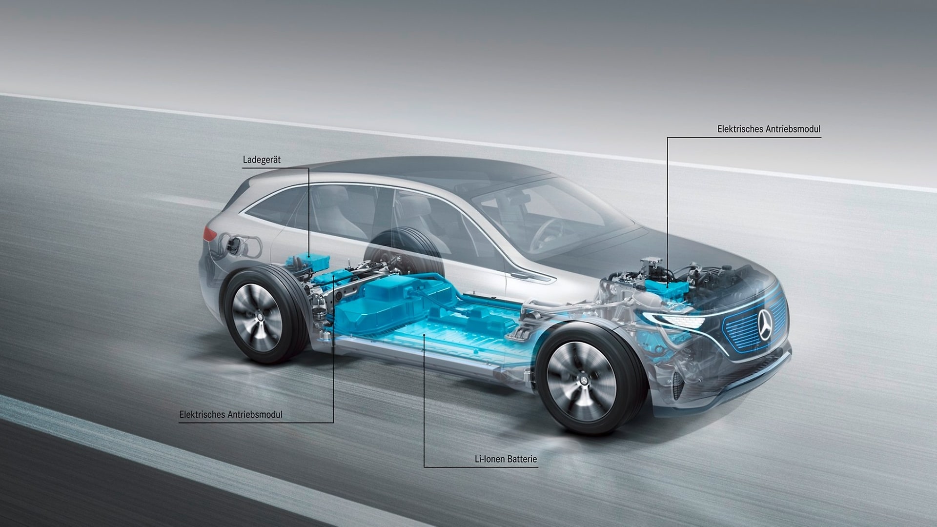 Kraftvolles Fahrzeug durch Elektromotoren an Vorder- und Hinterachse und in den Fahrzeugboden integrierter Batterie.
