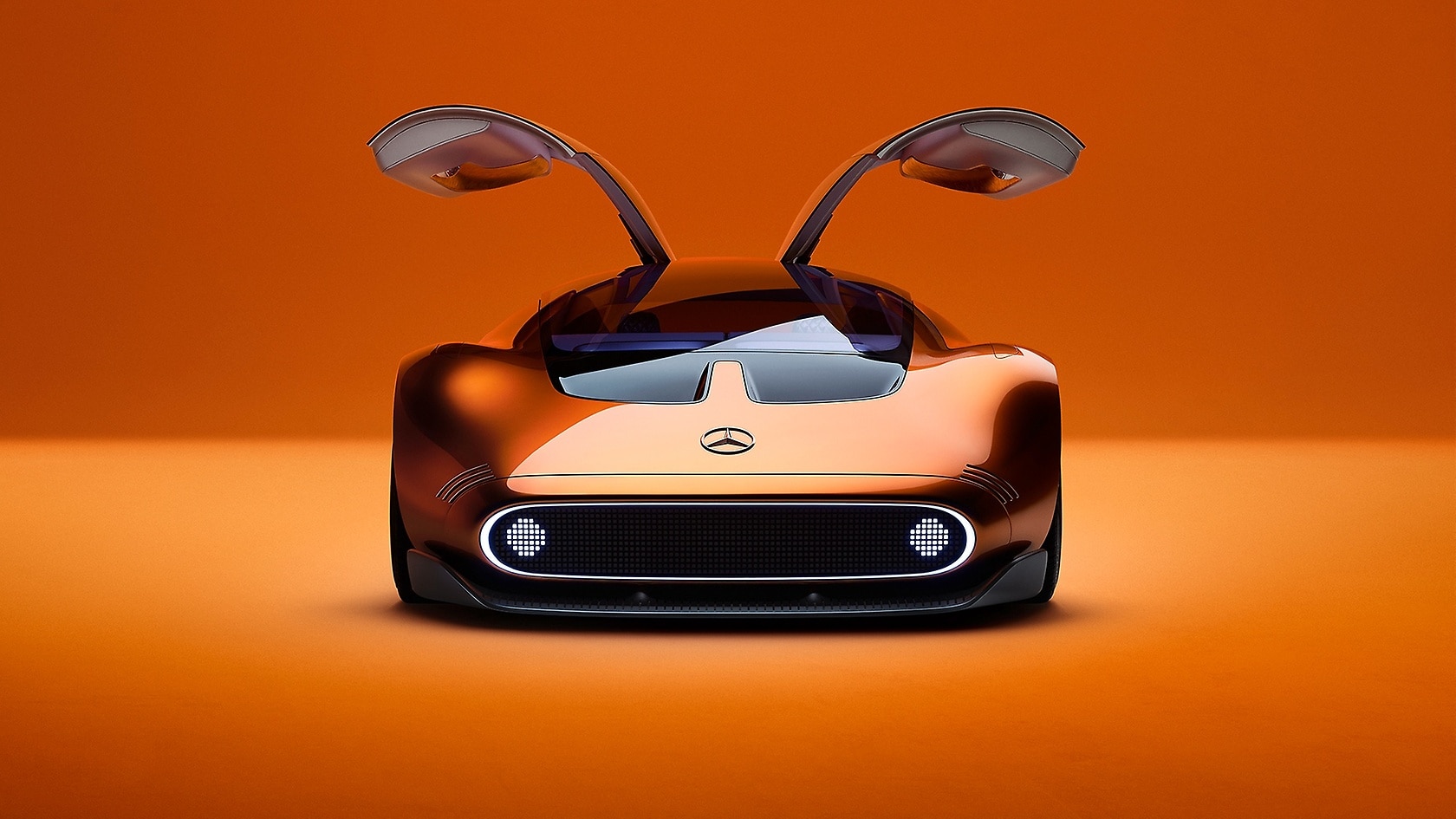 The orange and black gullwing doors make the sports car a design icon.