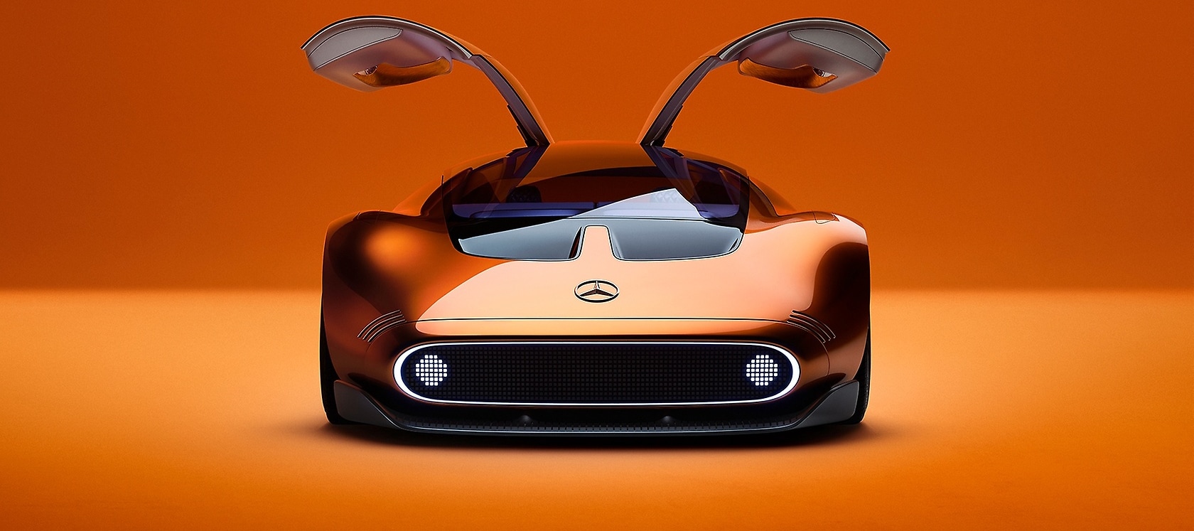 The orange and black gullwing doors make the sports car a design icon.