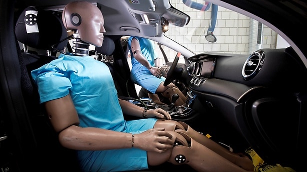 Please be seated: Once the vehicle is placed at the test lane and the up to 100 kg, 1.88 m tall crash-test dummies have been correctly positioned and safely secured with their seat belts, the crash-test vehicle can start its ultimate journey.