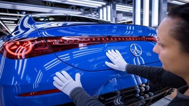 The new CLA rolls off the assembly line at the Mercedes-Benz plant in Rastatt.
