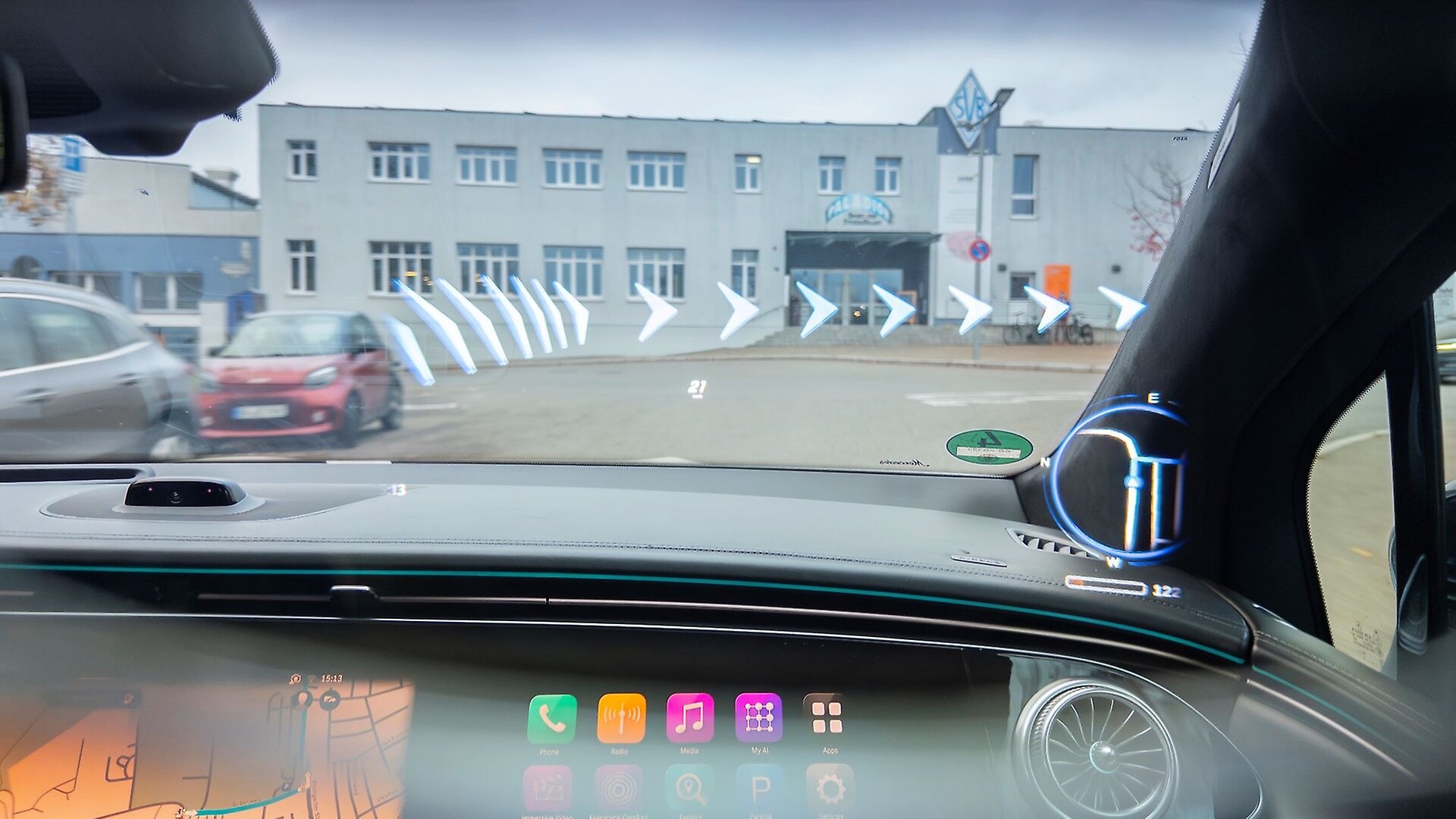 The view through AR glasses during navigation.