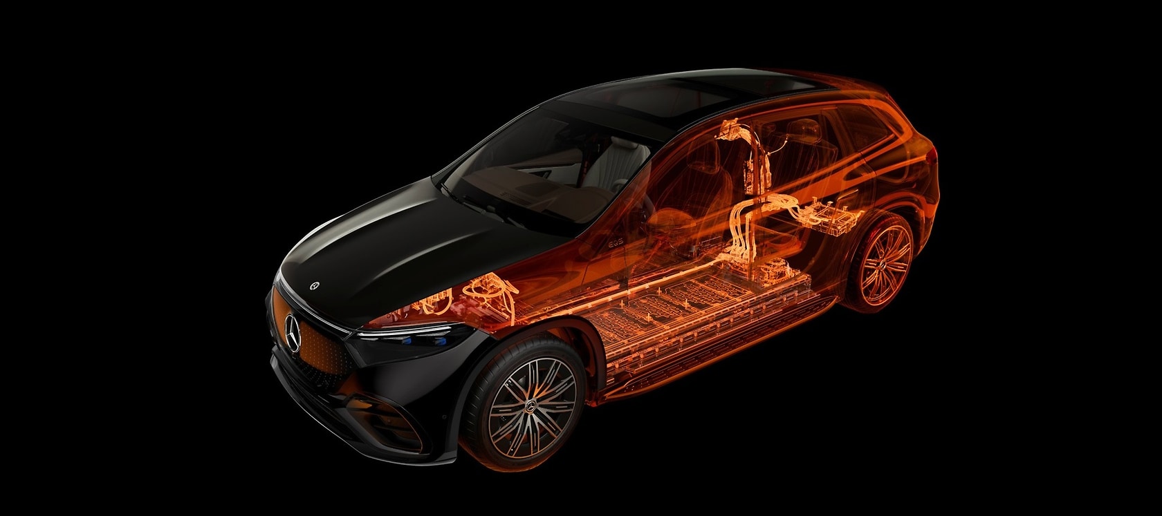 Schematischer Blick in einen gläsernen EQS SUV. Mit einem achtstufigen Sicherheitskonzept wird die Batterie im Fahrzeugboden geschützt.