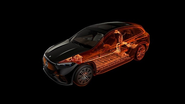 Schematic view of a glass EQS SUV. An eight-stage safety concept protects the battery in the vehicle's floor.