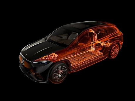 Schematic view of a glass EQS SUV. An eight-stage safety concept protects the battery in the vehicle's floor.