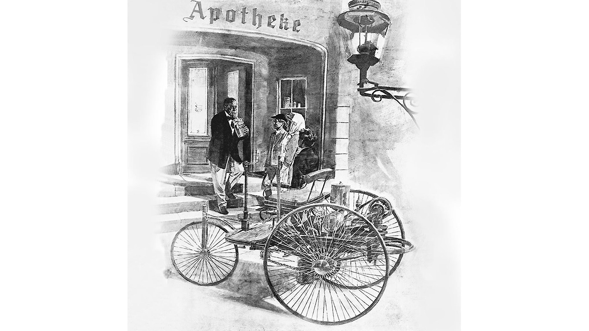 Bertha Benz und ihre Söhne Eugen und Richard, während ihrer Fernfahrt im August 1888 mit dem Benz Patent-Motorwagen.