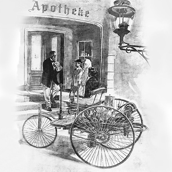 Bertha Benz und ihre Söhne Eugen und Richard, während ihrer Fernfahrt im August 1888 mit dem Benz Patent-Motorwagen.