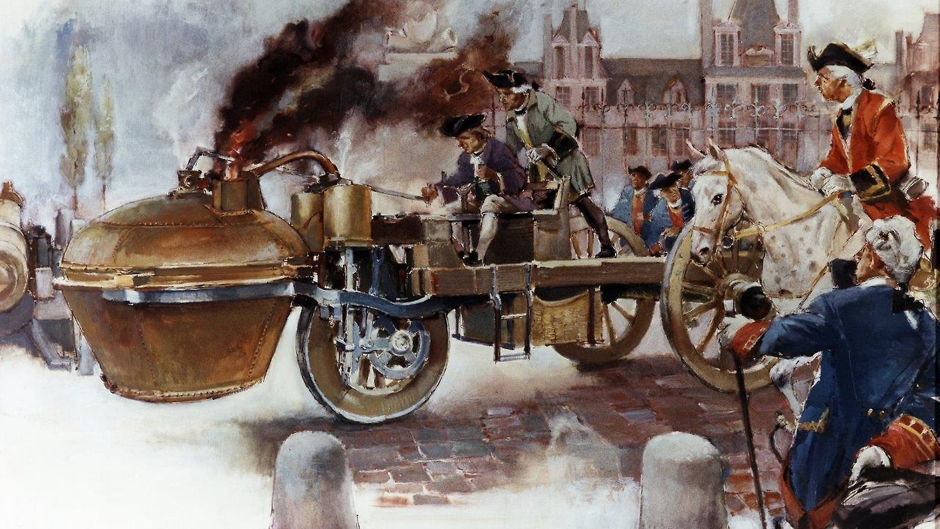 The first vehicle to be powered by an engine: the steam cart of Nicolas-Joseph Cugnot, 1769. Drawing by Hans Liska from 1958.
