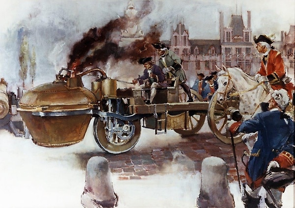 Das erste von Maschinenkraft angetriebene Fahrzeug: Dampfwagen von Nicolas-Joseph Cugnot, 1769. Zeichnung von Hans Liska, 1958.