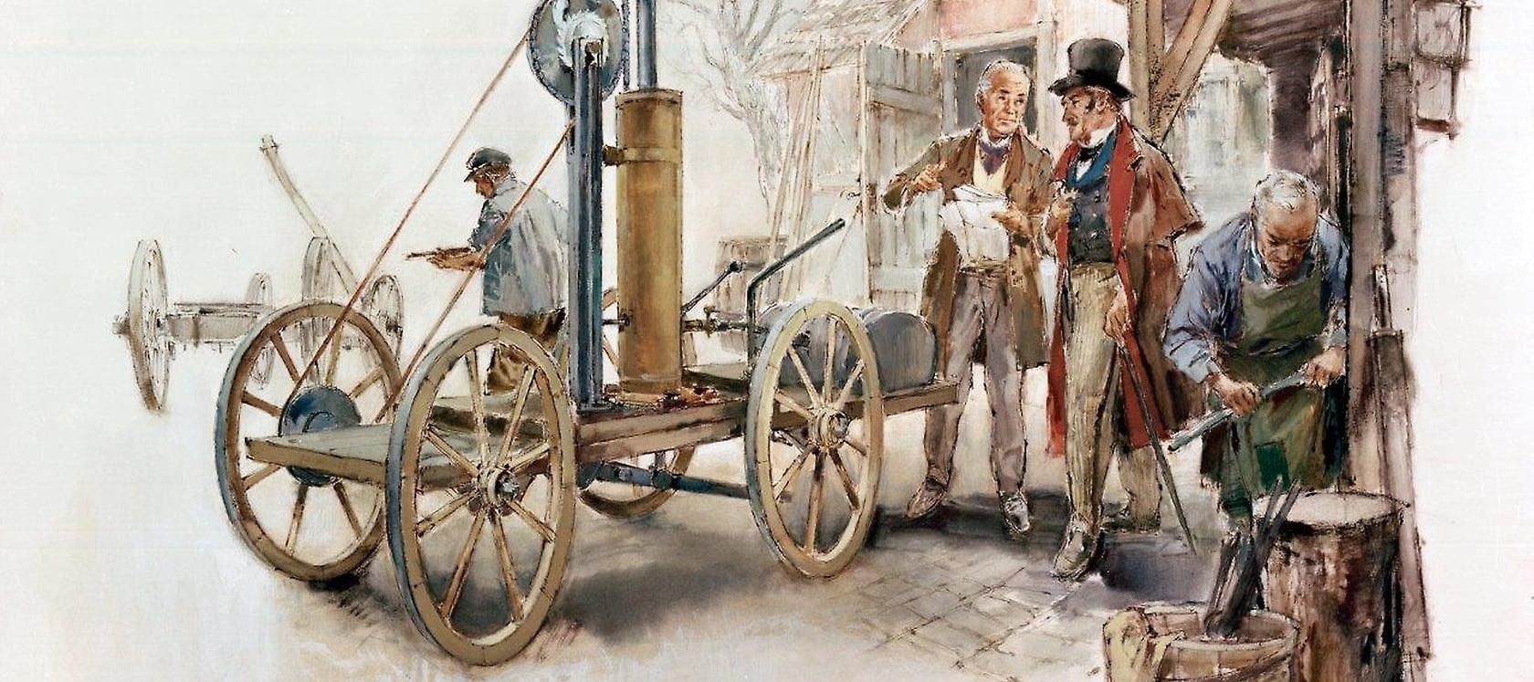 Entwurf eines mit Wasserstoffgas betriebenen Motorwagens von Isaac Rivaz, 1807. Zeichnung von Hans Liska nach der Patentschrift vom 30.01.1807, 1958.