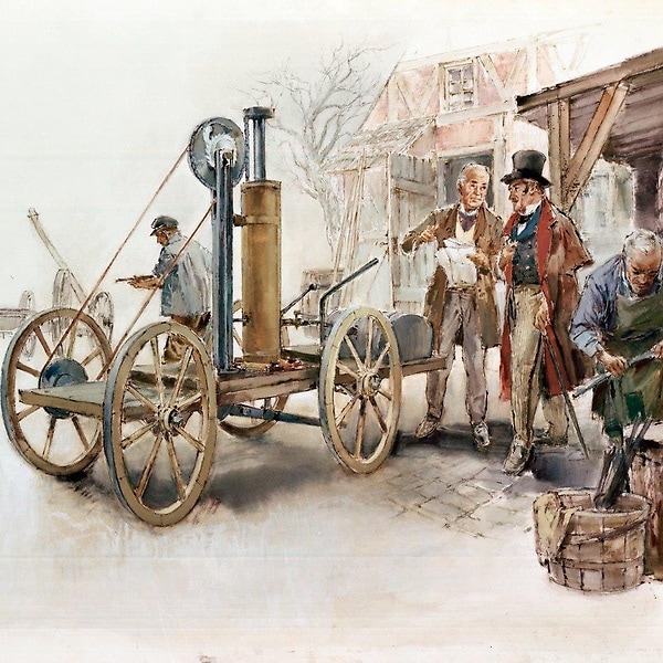 Entwurf eines mit Wasserstoffgas betriebenen Motorwagens von Isaac Rivaz, 1807. Zeichnung von Hans Liska nach der Patentschrift vom 30.01.1807, 1958.