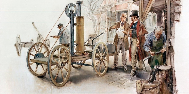 Entwurf eines mit Wasserstoffgas betriebenen Motorwagens von Isaac Rivaz, 1807. Zeichnung von Hans Liska nach der Patentschrift vom 30.01.1807, 1958.