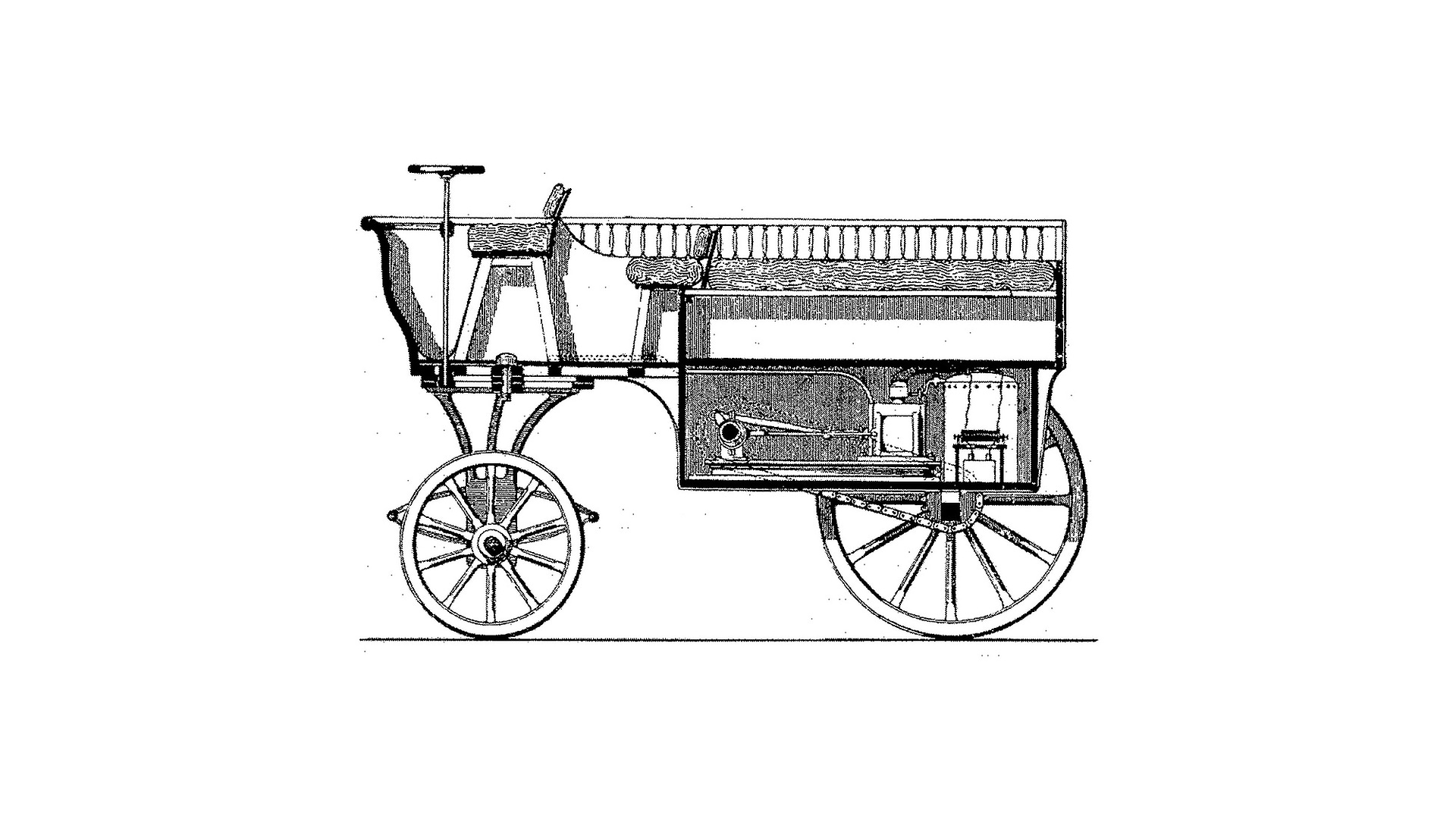 Motor vehicle built by Jean-Joseph-Etienne Lenoir, powered by an atmospheric engine, 1863. Design drawing from the publication "Le Monde Illustré" of 18 June 1860.