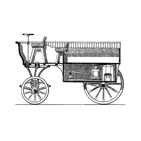 Der von einem atmosphärischen Motor angetriebene Motorwagen von Jean-Joseph-Etienne Lenoir, 1863. Entwurfszeichnung aus der Zeitschrift „Le Monde Illustré“ vom 18.06.1860.
