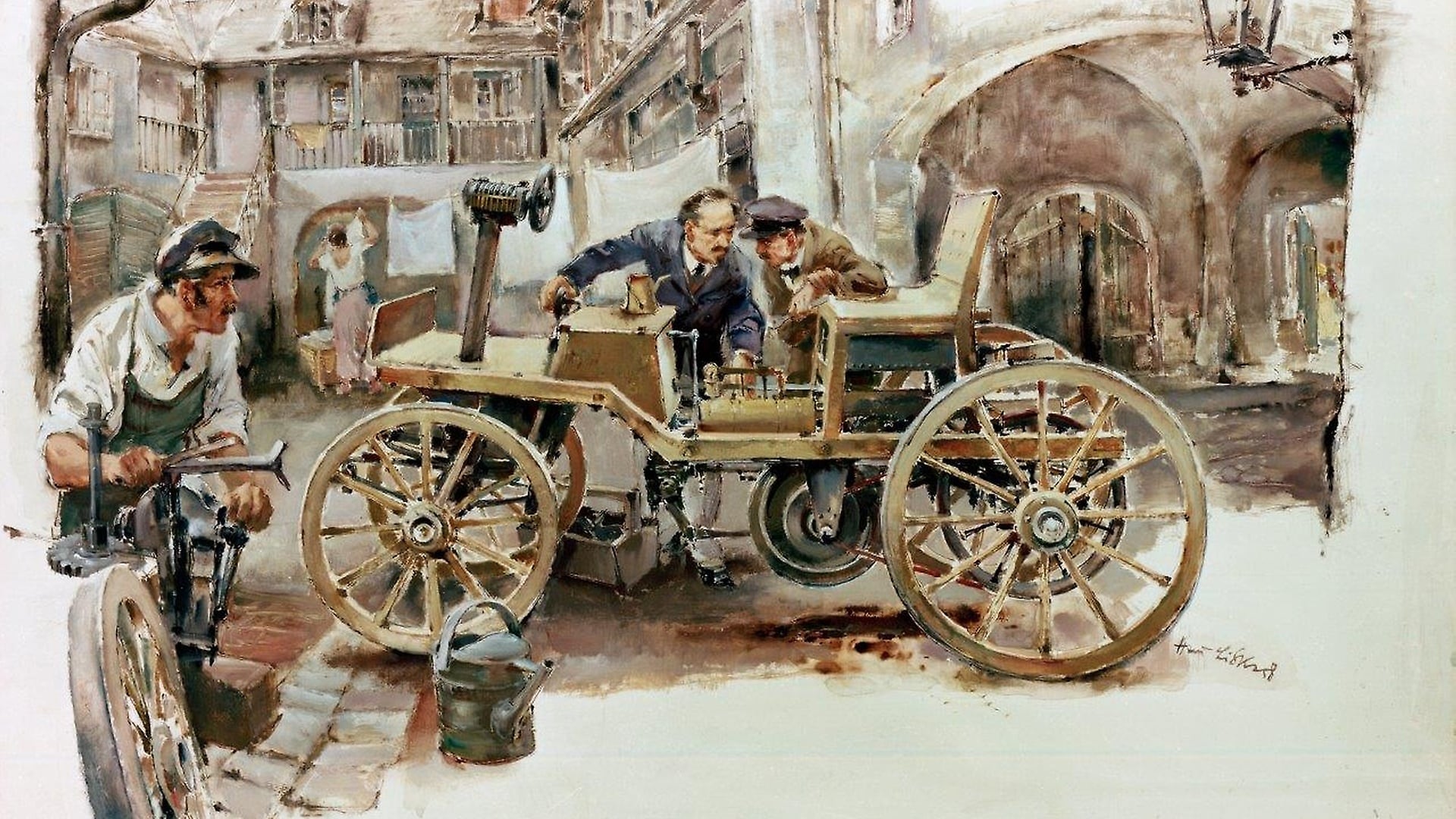 Zweiter Motorwagen von Siegfried Marcus, 1888/89. Die irrtümliche Datierung auf 1875 wurde erst 1968 eindeutig widerlegt. Zeichnung von Hans Liska, 1958.