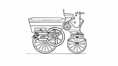 Die mit einem Verbrennungsmotor ausgerüstete Kutsche von Edouard Delamare-Deboutteville und Léon Malandin, 1884. Zeichnung aus der Patentschrift vom 12.02.1884.