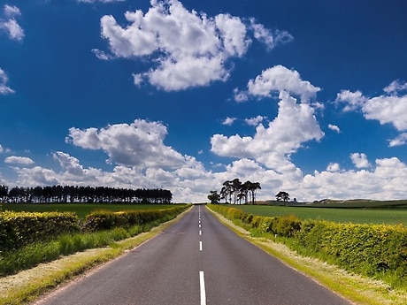 Road leads towards the horizon.