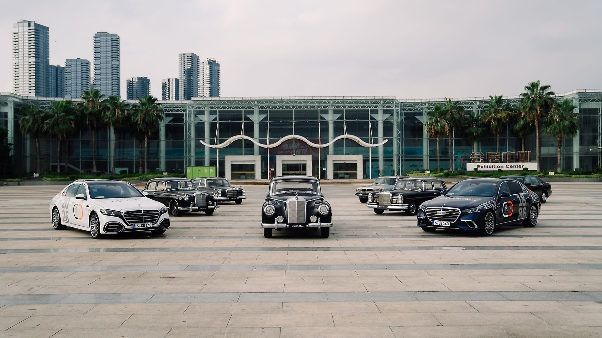 The S-Class in China alongside Mercedes‑Benz classic cars.