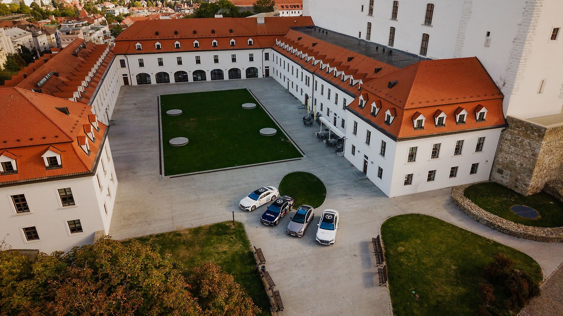 Aerial view of the Mercedes-Benz S-Class at Bratislava Castle, Slovakia.