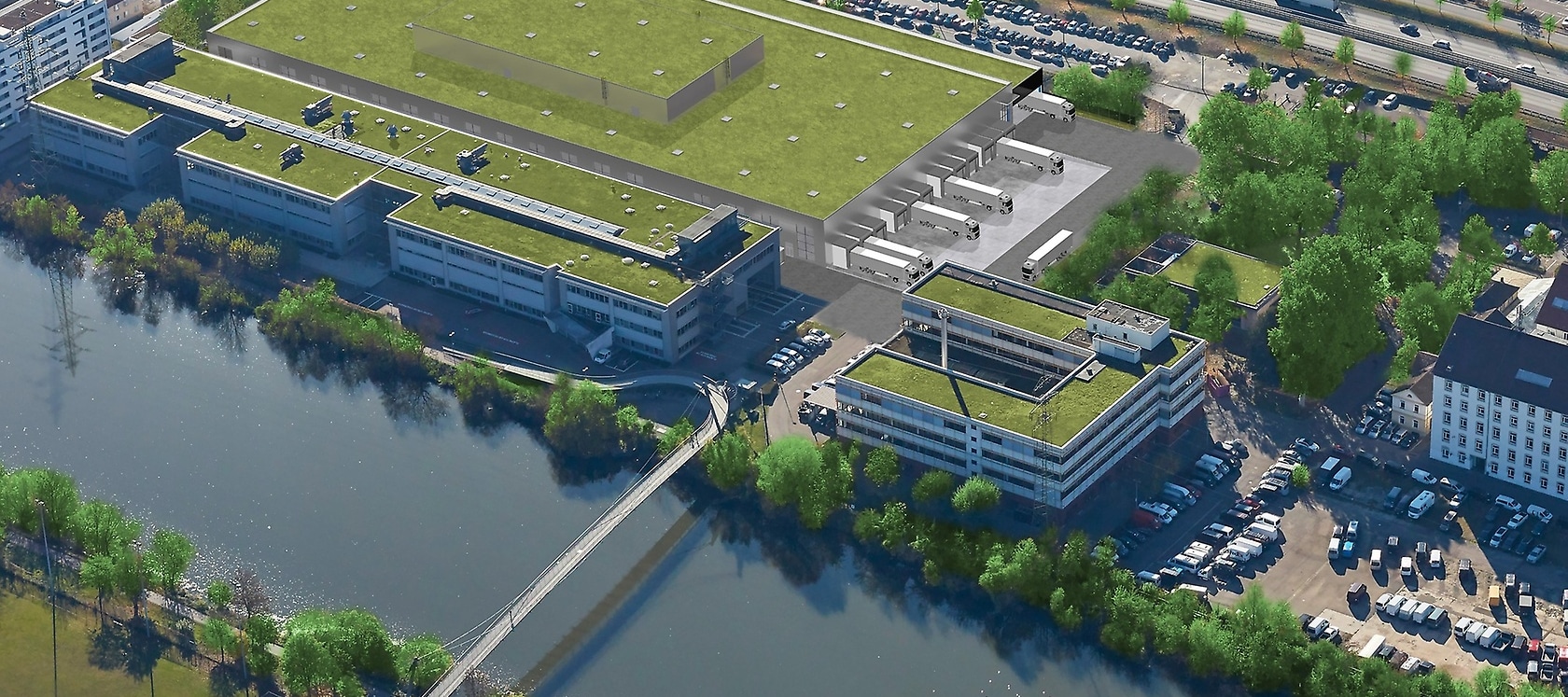 Mercedes-Benz Cars legt am Standort Untertürkheim den Grundstein für eine Batteriefabrik im Neckartal: Ausblick für ein mögliches Aussehen (Mitte oben) der neuen Batteriefabrik im Werksteil Brühl des Mercedes-Benz Werks Untertürkheim