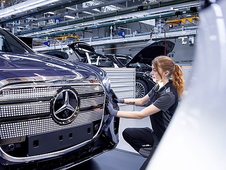 The all-new electric GLC is rolling off the production line alongside combustion engine and hybrid models as well as the EQE .
