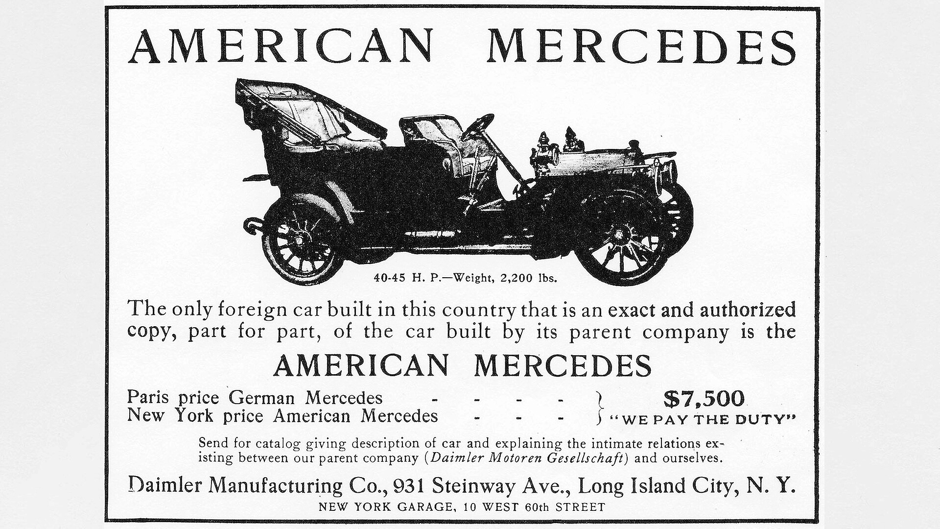 Zeitgenössische Anzeige für den „American Mercedes“: Vier Zylinder und 45 PS reichten für eine Höchstgeschwindigkeit von rund 90 km/h.