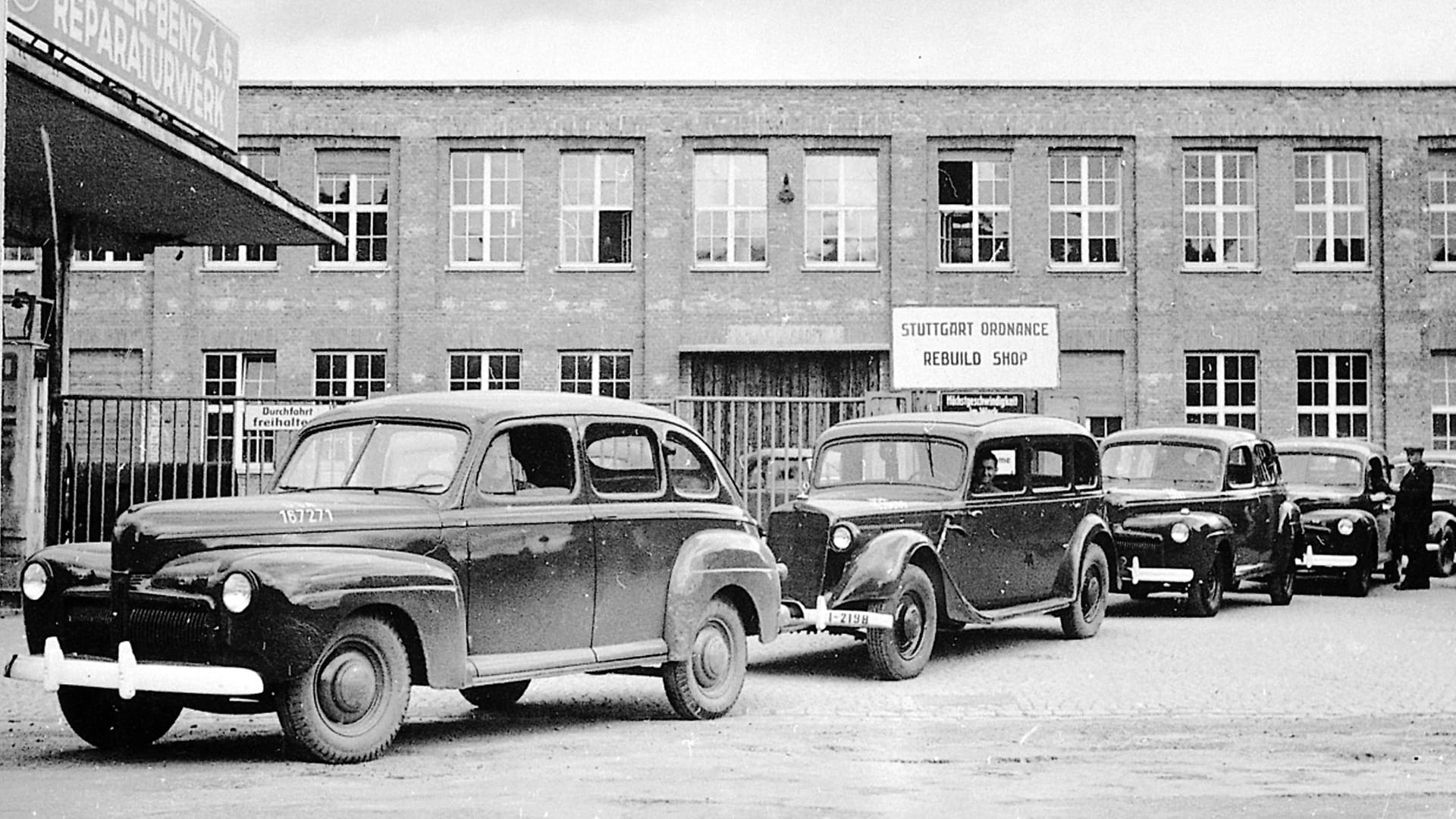 A repair facility for American military vehicles is set up at the Untertürkheim plant, 1945